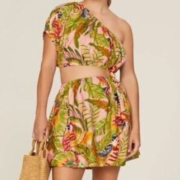 Farm Rio Macaw Leaves One-Shoulder Cut-Out Mini dress